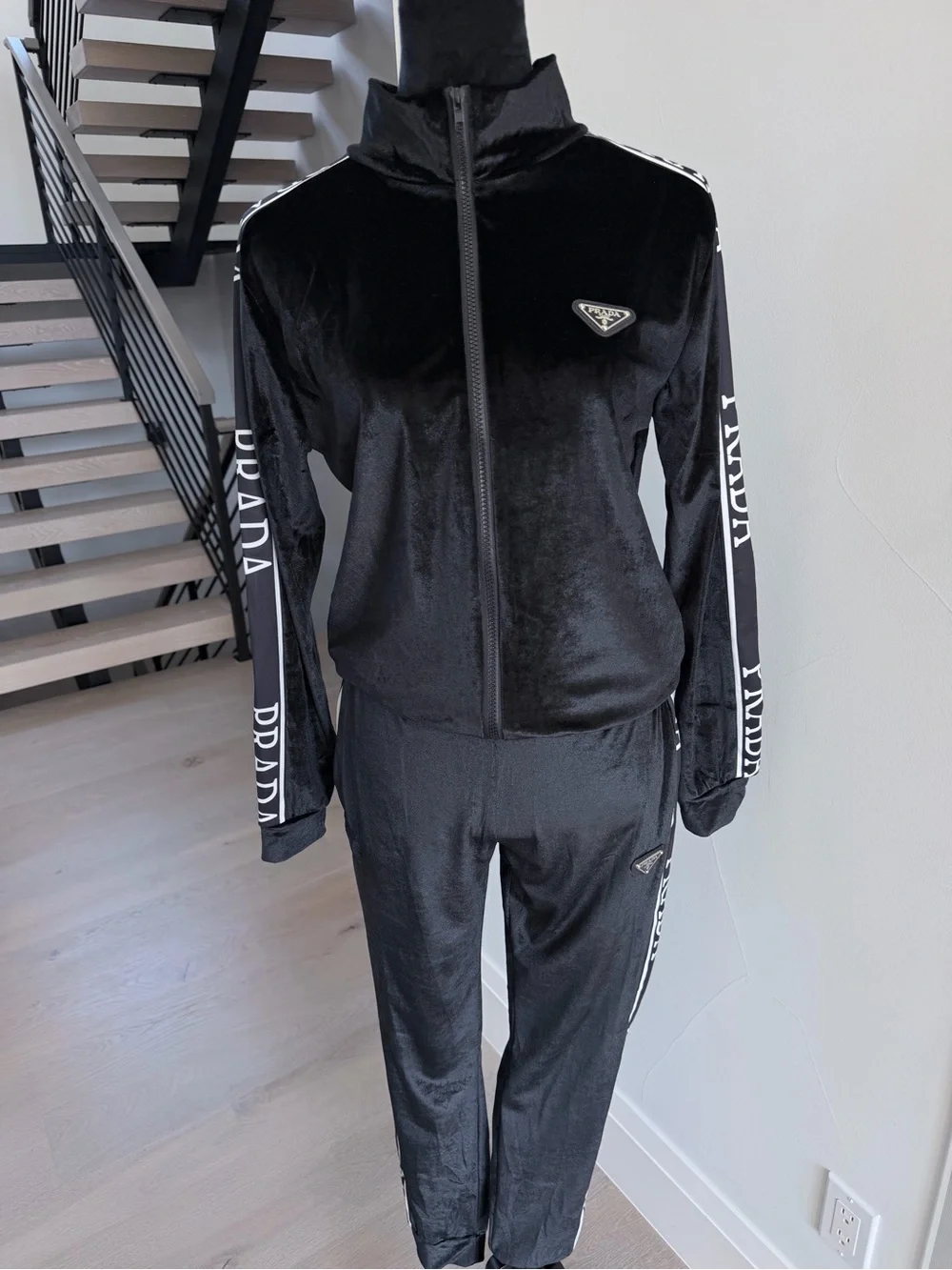 Prada Black Velour Track Jacket & Pants Set size S